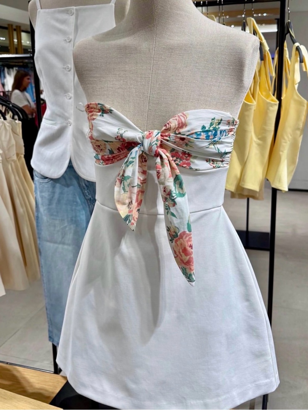 Women’s White Strapless Mini Dress with Floral Bow